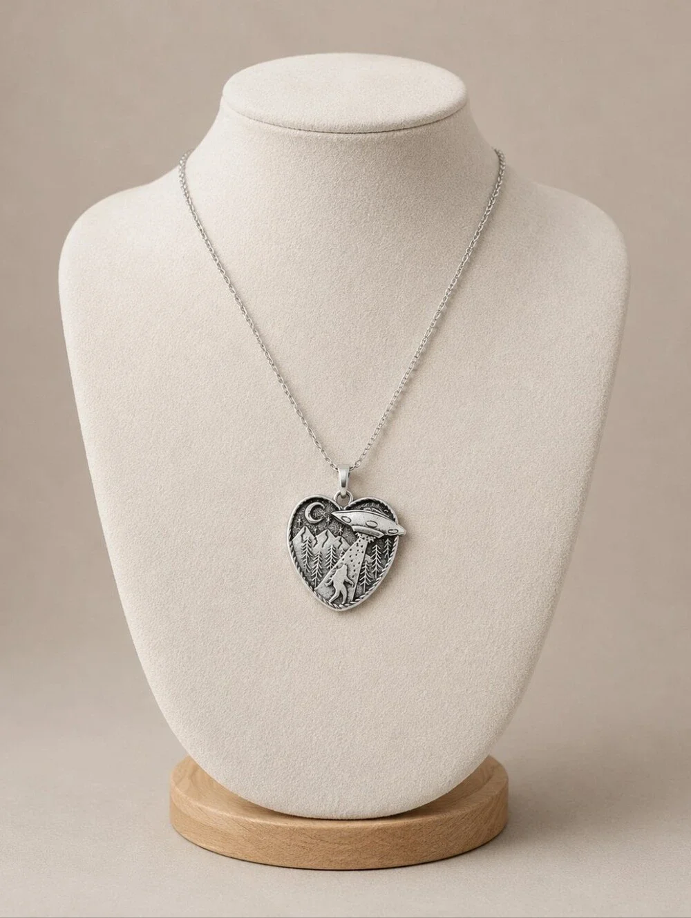 UFO Bigfoot Heart Pendant Necklace Silver Tone Sci-Fi Mystery Jewelry Sasquatch
